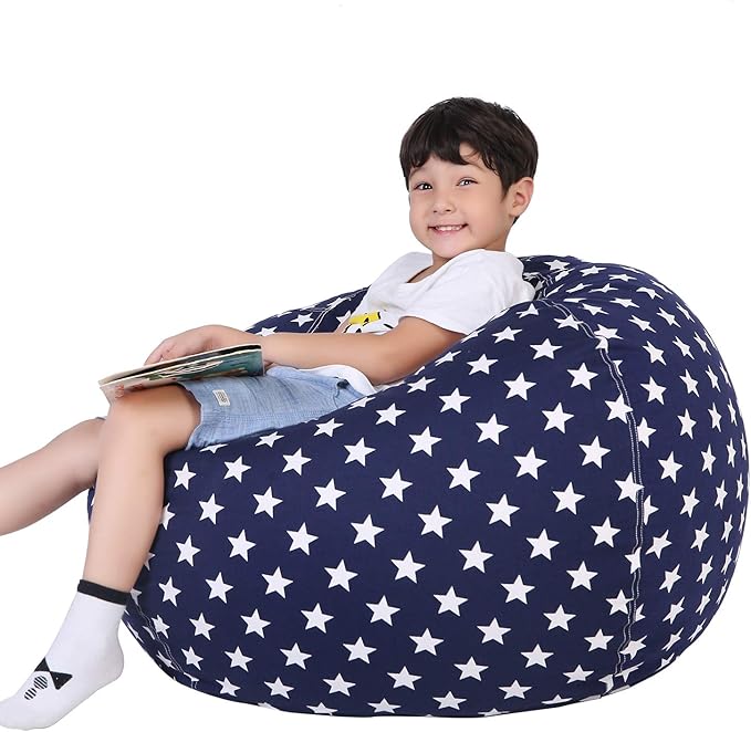 Lukeight Stuffed Animal Storage Bean Bag Chair Cover for Kids, Zipper Beanbag Chair Cover for Organizing Toddler and Kids' Rooms Plush Toys (Stars Navy, Large)