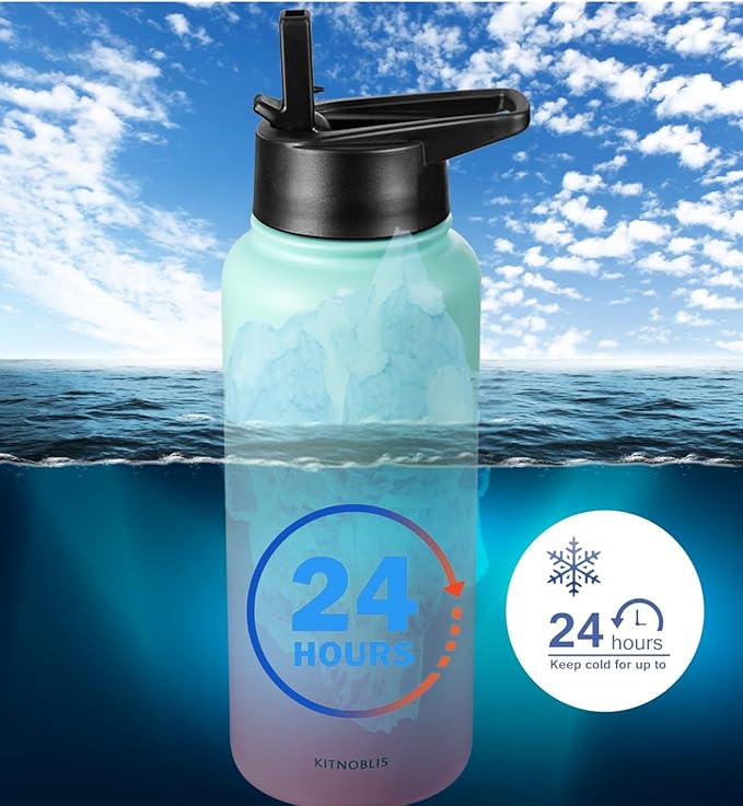 Water Bottle Insulated 32oz Straw Lid, Leak Proof, Vacuum Insulated,Stainless Steel Water Bottle Wide Mouth for Sports, Gym, BPA-Free Keep Cold 24H Hot 12H (Blue Pink)