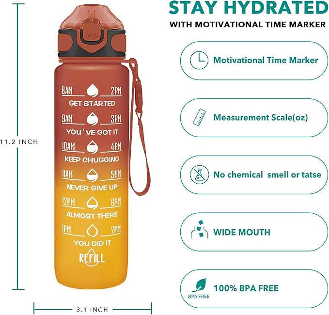 Enerbone 32 oz Drinking Water Bottle with Times to Drink and Straw, Motivational with Carrying Strap, Leakproof BPA & Toxic Free, Ensure You Drink Enough Water for Fitness Gym Outdoor