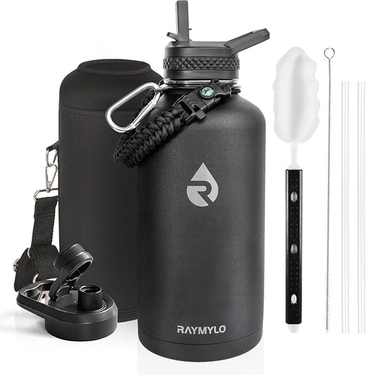 Insulated Water Bottle 87 oz, Triple Wall Vacuum Stainless Steel (Cold for 48 Hrs), Leak Proof & Non-BPA, Modern Water Flask Jug with Paracord Handle & Straw Spout Lids, Magic Black