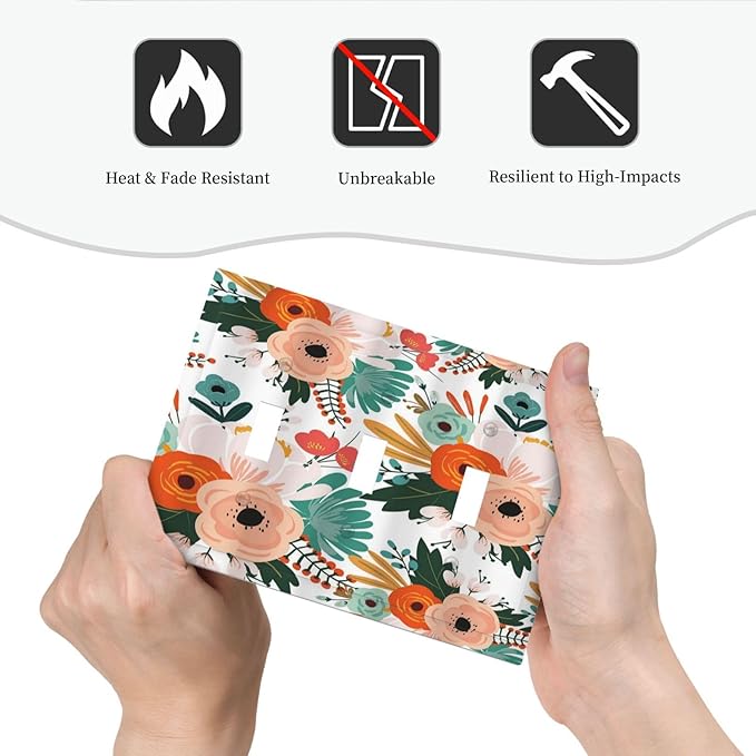 Rustic Floral Boho Colorful Flower 3 Gang Light Switch Covers Triple Toggle Wall Plate Decorative Switchplate Electrical Faceplate for Farmhouse Bathroom Bedroom Kitchen Decor
