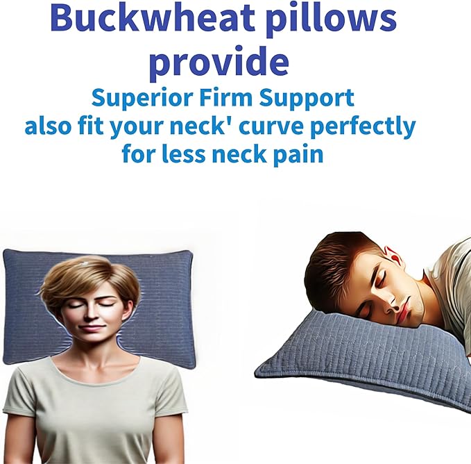 Buckwheat Pillow for Sleeping-Breathable for Cool Sleep,Cervical Support for Back and Side Sleepers(Organic Buckwheat Hulls),Korean Style,Standard Size 22"x14"(1pc).Navy Blue Color