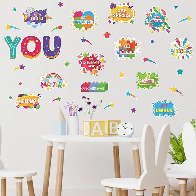LHIUEM Kids Inspirational Wall Decals 38PCS Funny Daycare Wall Stickers for Toddler Splatter Stars Peel and Stick Testing Motivation Gifts for Students Splotches Wall Decor for Classroom Playroom Bathroom
