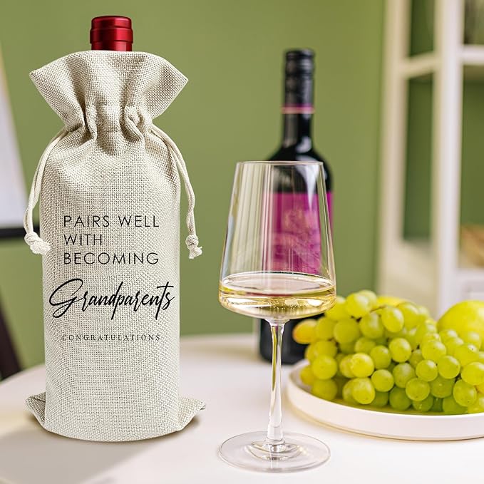 Pairs Well with Becoming Grandparents - Gifts for New Grandma Grandpa Wine Bags, 1 PC Reusable Drawstring Burlap Wine Bottle Bags, Baby Announcement Gifts for Dad Mom, Wine Accessories -46