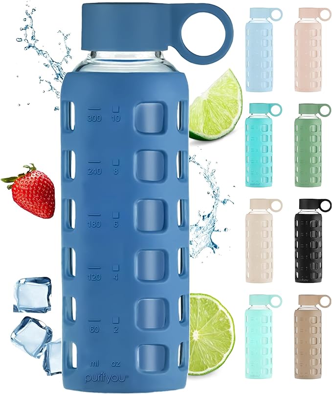 purifyou Premium 40/32 / 22/12 oz Glass Water Bottles with Volume & Times to Drink, Silicone Sleeve & Stainless Steel Lid Insert, Reusable Bottle for Fridge Water, Juice (12oz Chinese Porcelain)