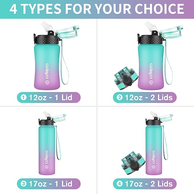 GOPPUS Kids Water Bottle with Straw Spout Lid 10pcs Stickers 12 oz Leak-proof BPA Free Motivational Time Marker Tritan Plastic Water Bottles for Girls Boys School Sports