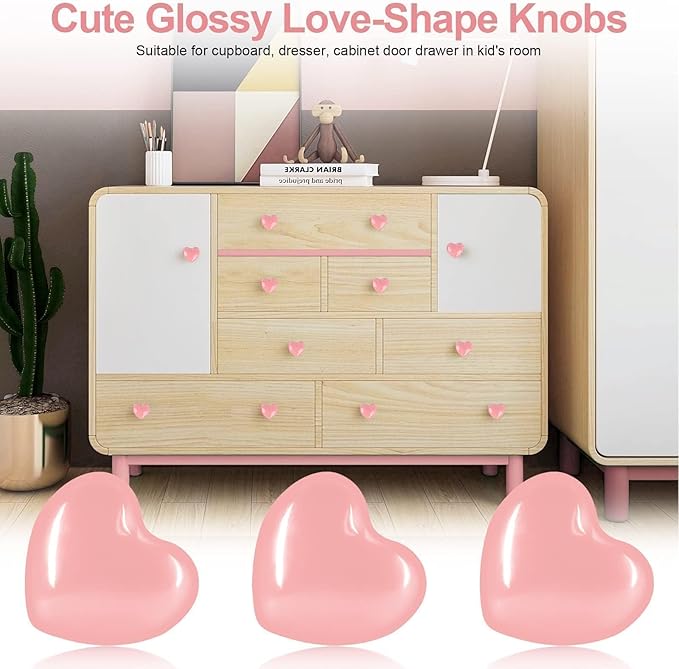 Cute Glossy Dresser Knobs Pink Ceramic Drawer Door Knobs Love Heart Shape Cabinet Cupboard Pull Handles Lovely Hardware Closet Knobs for Kids Girls Children's Bedroom (Bright Pink-6pack)