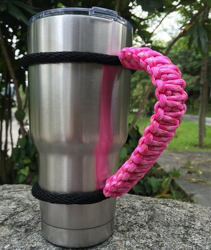 Handmade Paracord Handle for Yeti/Rtic/Ozark Trail Rambler 30 OZ Tumbler. pink/white