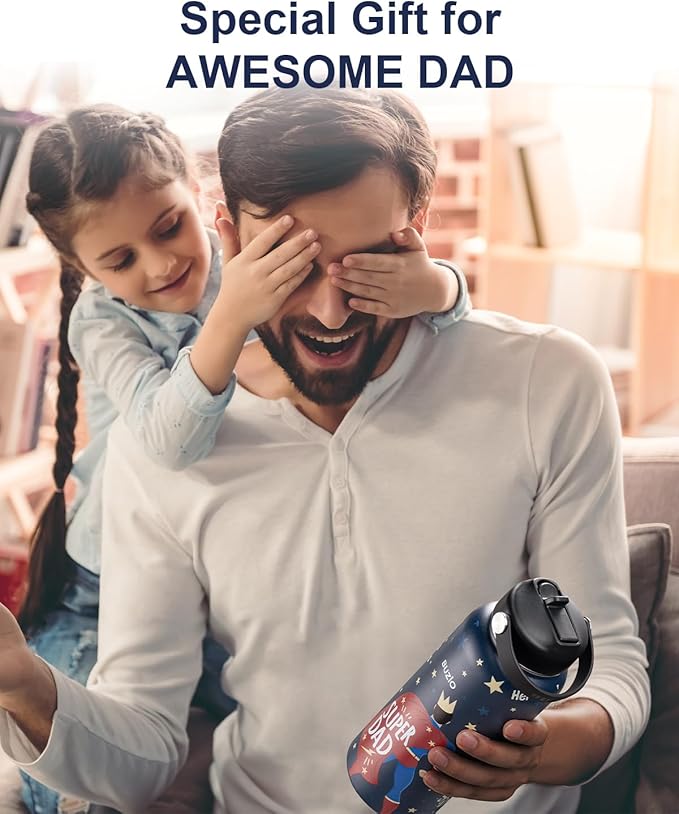 Father's Day Gifts for Dad, Funny Birthday Gift 32oz BUZIO Insulated Water Bottle with Straw Lid Stainless Steel Dad Tumbler from Son, Cold for 48hrs Double Wall Vacuum Thermo Canteen Cup, Hero