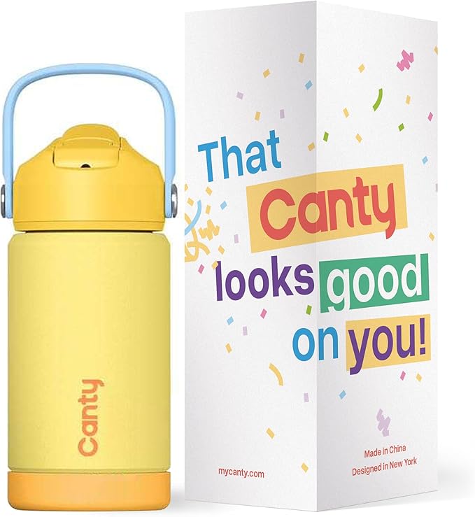 Canty Kids Stainless Steel Water Bottle with Straw, Anti-Slip Base and Giftable Full Colored Box, Great for Travel (Saffron Yellow, 12 Oz)