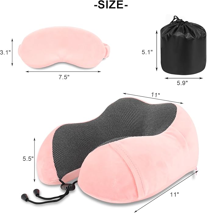 Pure Memory Foam Travel Pillow Set for Adults - Comfortable & Breathable Removable Cover, Airplane Travel Kit with Eye Mask & Portable Storage Bags for Plane Accessories - Pink