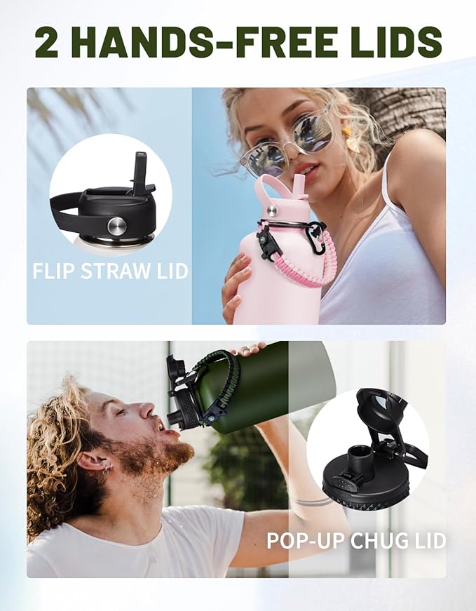 Half Gallon Water-Bottle with Straw - Pop-up Chug Lid (Cold 48H & Hot 24H) 64oz Insulated Water Bottle Flask with Sleeve Strap, Paracord Handle, Bottle Boot, Pink Stainless Steel Metal Water Jug