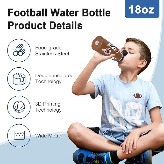 Football Gifts for Boys 6-8 8-12 12-14,Football Water Bottles and 50PCS Stickers Dirp Stuff for Kid Player Lovers(18OZ)