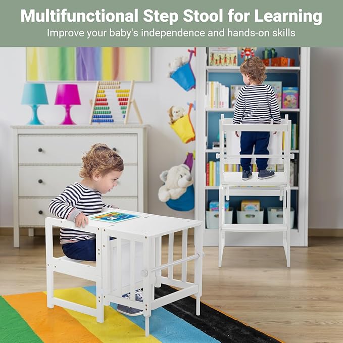 COSYLAND 3-in-1 Multifunctional Toddler Standing Tower, Kids Kitchen Step Stool with Whiteboard, Desk Table and Chair, Enjoys Unique Patented Design,FSC,CPC,SOR,CE,White