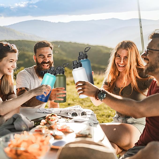 Stainless Steel Water Bottles 32oz Insulated Water Bottle with Straw&3 Lids Double Walled Sports Metal Thermos Water Bottle Cup Leak-Proof Vacuum Insulated Bottles Travel (Gradient Blue Black)