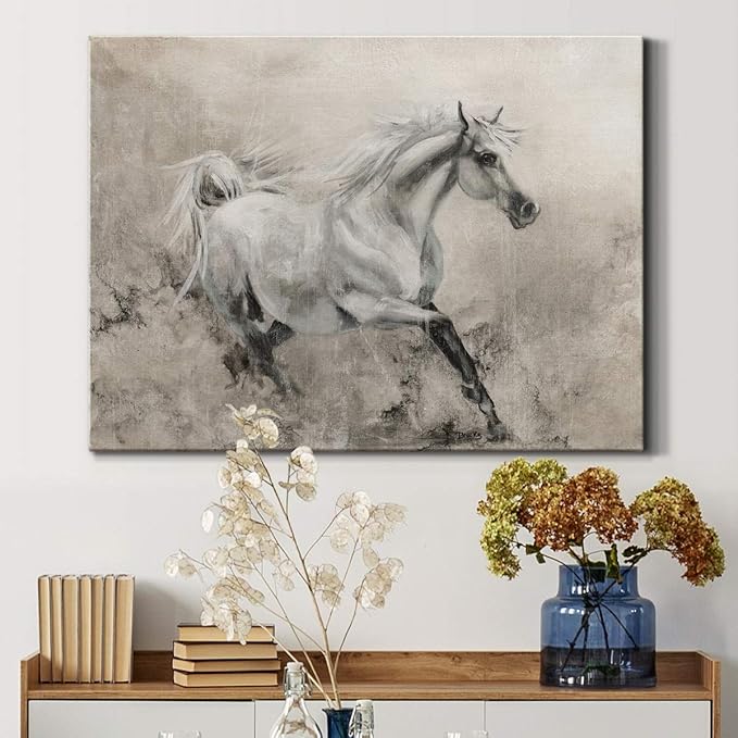 Renditions Gallery Canvas Animal Wall Art Modern Decorations Paintings Elegant Running Horse Abstract Black & White Figurative Artwork Prints for Bedroom Office Kitchen - 24"x36" LT33