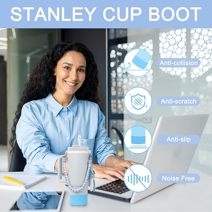 Stanley Cup Accessories Set- Water Bottle Handle Strap, Stanley Cup Protective Silicone Boot, Bow Design Stanley Charms for Stanley Cup 40oz /30 oz Tumbler (blue)