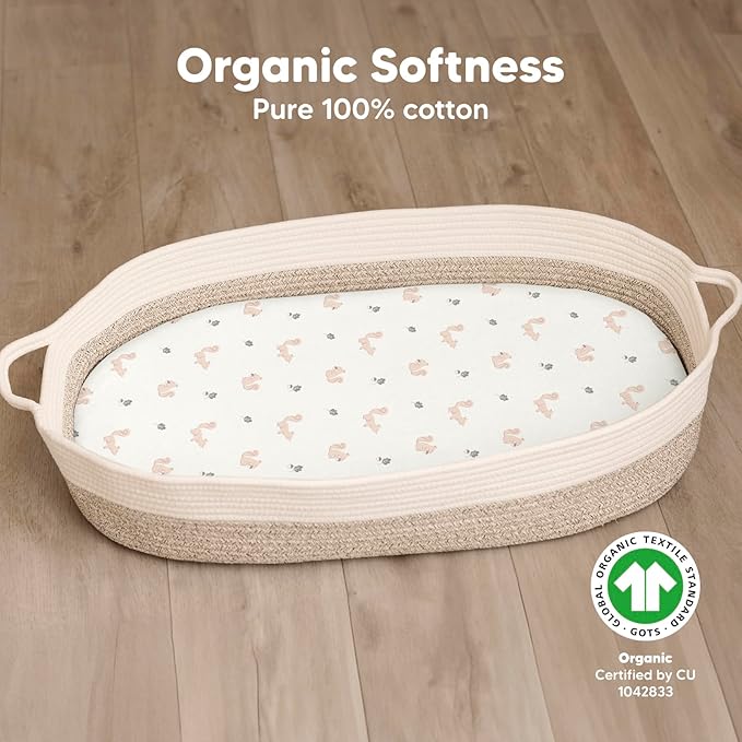 2-Pack Organic Bassinet Sheets for Girls, Boys-100% Cotton Bassinet Mattress Sheets Compatible with Halo Bassinest Swivel Sleeper,Graco,Baby Delight,Chicco,Unisex Fitted Bassinet Sheets (Nibble/Bruce)