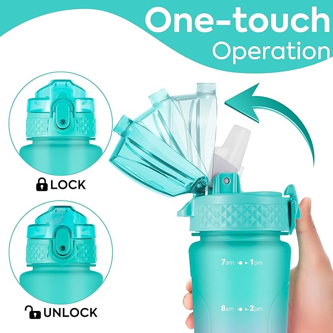 OLDLEY Kids Water Bottle for School with Straw Chug Lid, 15 oz Unbreakable Leak-Proof BPA-Free Motivational Water Bottles with Time Marker for Travel Sports Gym, 2 Lids, Mint Purple