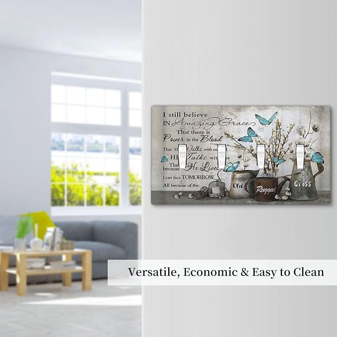 Blue Butterfly Rustic Flower Inspirational Quotes Quad Toggle Light Switch Covers 4 Gang Wall Plate Decorative Switchplate Electrical Faceplate for Farmhouse Country Bedroom Kitchen Decor