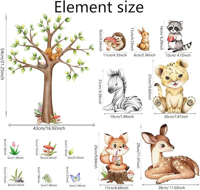 Animal Tree Wall Decals Tiger Fox Deer Zebra Wall Stickers, Removable Kids Toddler Jungle Forest Wall Murals Peel and Stick Wall Art Decor Wallpaper for Kids Bedroom Living Room Wall Décor
