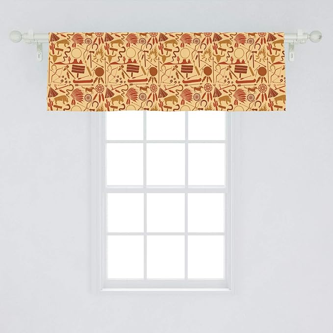 Ambesonne Western Window Valance, Culture Arrow Hatchet Chiefs Hat Snakes Bison Tools, Curtain Valance for Kitchen Bedroom Decor with Rod Pocket, 54" X 18", Orange Redwood