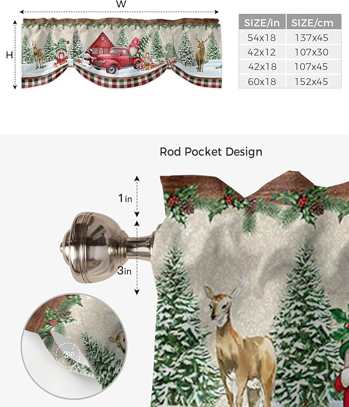 Christmas Farmhouse Blackout Tie Up Valance Curtains for Kitchen Windows Red Truck Gnomes Window Toppers Balloon Shades for Living Room/Bathroom/Bedroom,1 Panel,42" X 18" Winter Holiday Snowman