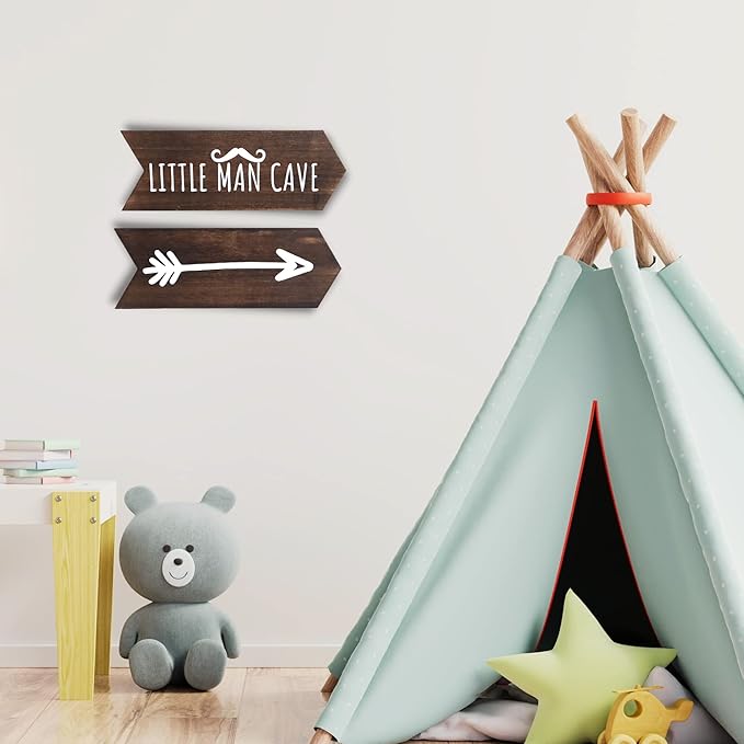 Nursery Wall Decor - 2 Pcs Little Man Cave Sign, Baby Boy Woodland Nursery Decor for Kids Toddler Bedroom Playroom Sign Decoration, Wooden Arrow Wall Art Brown (14 inch)