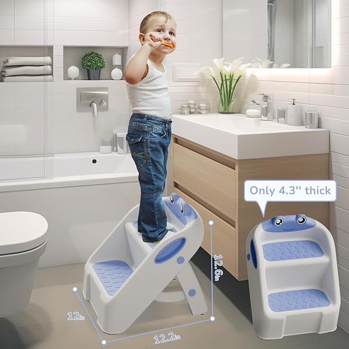 Toddler Step Stool, Easy to Fold Step Stool for Toddlers with Non-Slip Surface & Alphabet Patterns, Lightweight & Cute Kids Step Stool for Potty Training, Bathroom Sink, and Bedroom, Blue