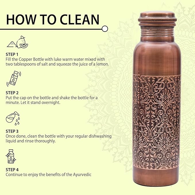 VJR Copper Bottle for Drinking Water 33 Oz Ayurvedic Leak Proof lid Floral Engraved Design Durable Lightweight Hand Washable Vessel Clean Cool Water Natural Minerals Boost Energy Safe Water Utensil
