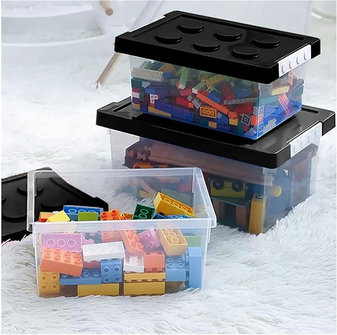 loobuu Plastic Storage Bins with Lids - Stackable Toy Storage Organizer Box Set of 2, Kids Toy Chests with Compatible Building Baseplate and Lid, Storage Container for Building Bricks & Toys- Black