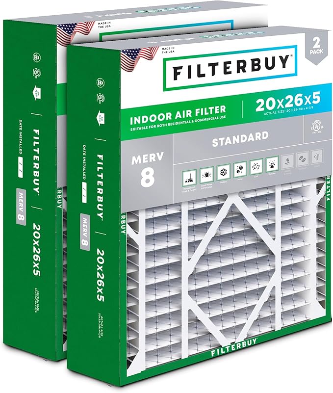 Filterbuy 20x26x5 Air Filter MERV 8 Dust Defense (2-Pack), Pleated HVAC AC Furnace Air Filters for Electro-Air, Emerson, Lennox, White Rodgers, & More (Actual Size: 20.00 x 25.88 x 4.88 Inches)