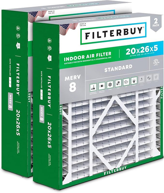 Filterbuy 20x26x5 Air Filter MERV 8 Dust Defense (2-Pack), Pleated HVAC AC Furnace Air Filters for Electro-Air, Emerson, Lennox, White Rodgers, & More (Actual Size: 20.00 x 25.88 x 4.88 Inches)