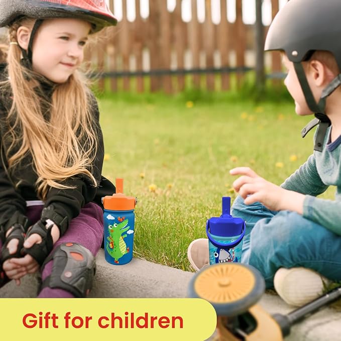 Crocodile Water Bottle - Kids Water Bottle with Straw Lid - 12 Oz Insulated Stainless Steel Water Bottles for Toddlers Kid Boys - Travel Cup for School Sports