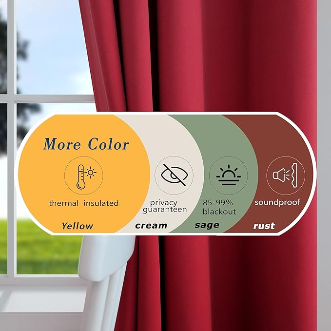 Mrs.Naturall Red Curtains for Bedroom 84 Inch Length 2 Panels Set Blackout Grommet Window Black Out Luxury Curtains for Living Room 84 Inches Long,Rose Colored