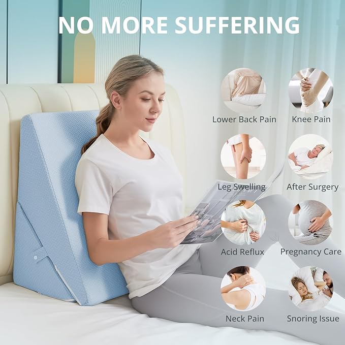 Sasttie Wedge Pillow for Sleep Apnea, 10 Inch Adjustable Bed Wedge Pillow for Back Pain, Acid Reflux Relief, Memory Foam Triangle Pillow Wedge for Sleeping, Post Surgery, Knee Elevation, Light Blue