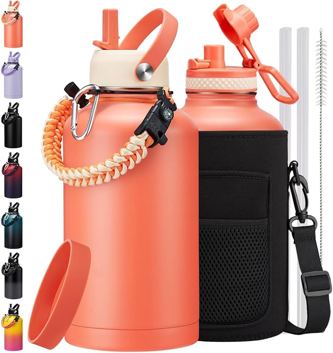 64 oz Insulated Water Bottle - Half Gallon Water Bottle Stainless Steel Flask, Keep Cold-48H & Hot-24H,1/2 Gallon Hydro Jug Sports Gym Water Bottle with Straw, Paracord Handle & Strap Carrier Pouch