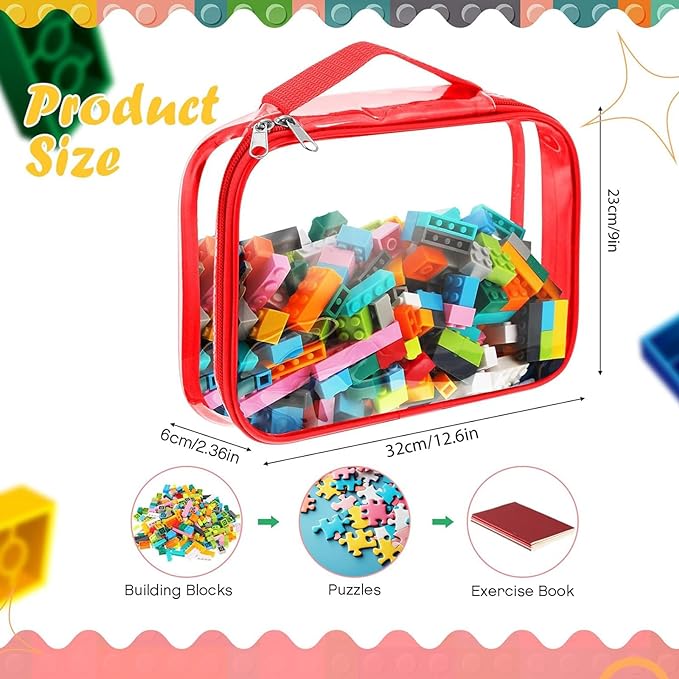 Sanwuta 3 Packs Toy Storage Bags with Zipper, Clear PVC Organizing Bags, Waterproof Toy Bags for Board Games, Building Blocks, Toys and Kids Books (Red, Yellow, Green,12.6 x 9 x 2.36 Inch)