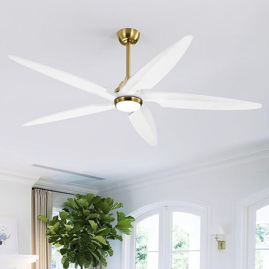 54 Inch Modern Ceiling Fan with Lights and Remote, 5 Wood Blades, 6-Speed Noiseless Reversible DC Motor with Replaceable Downrods for Bedroom Living Room Dining Room, White and Gold.