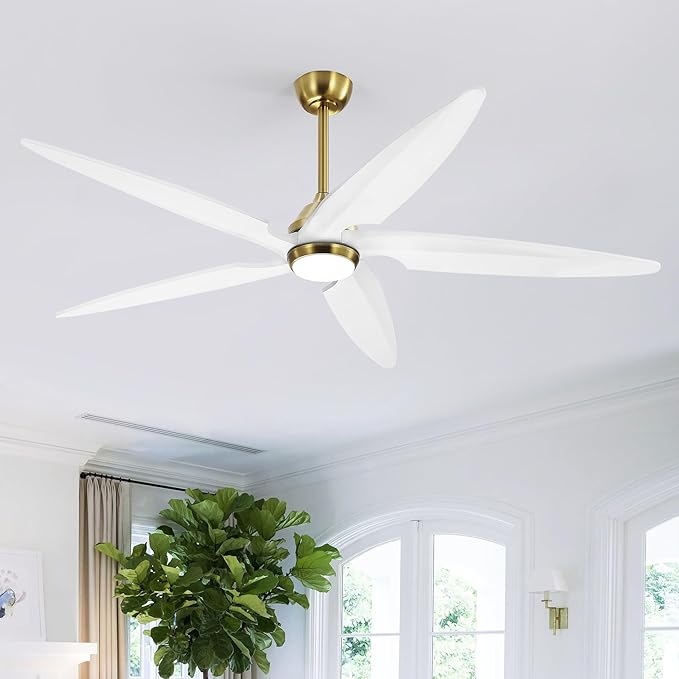 64 Inch Modern Ceiling Fan with Lights and Remote, 5 Wood Blades, 6-Speed Noiseless Reversible DC Motor with Replaceable Downrods for Bedroom Living Room Dining Room, Gold and White