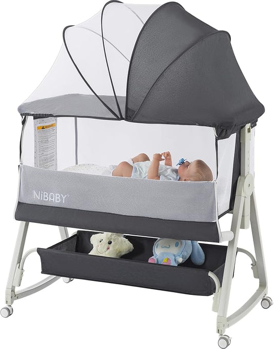 Multifunctional 3-in-1 Baby Bassinet for Bedside Sleep, Nursing & Rocking - Adjustable Height, Breathable Mesh, Portable Design with Mosquito Net, Safe & Supports Independent Sleep (Black)