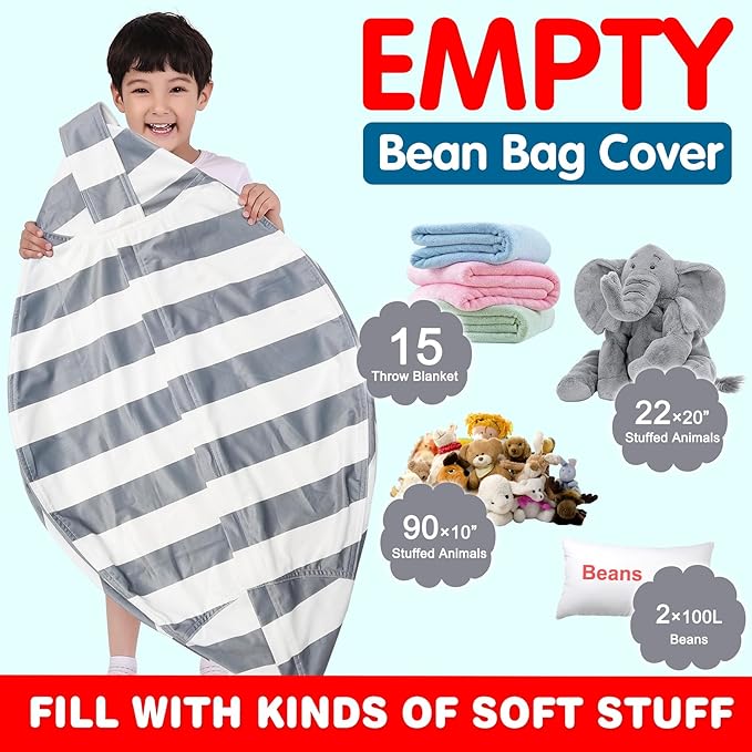 Lukeight Stuffed Animal Storage Bean Bag Chair Cover for Kids, Zipper Beanbag Chair Cover for Organizing Toddler and Kids' Rooms Plush Toys (Gray+White Velvet, X-Large)