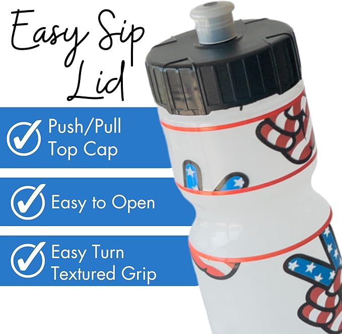 Kids Water Bottle | 22 oz. BPA- Free Sports Squeeze Water Bottles with Pull Top Cap |Perfect Water Bottle for School | Reusable & Durable for Boys & Girls | Made in USA (Patriotic Peace Signs)