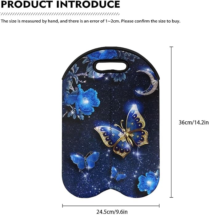 doginthehole Blue Butterfly Wine Bag with Handle Neoprene Tote Wine Champagne Beer Bags Reusable Washable Wine Carrier Portable 2 Bottle Wine Carrying Bag, Gift for Wine Lover