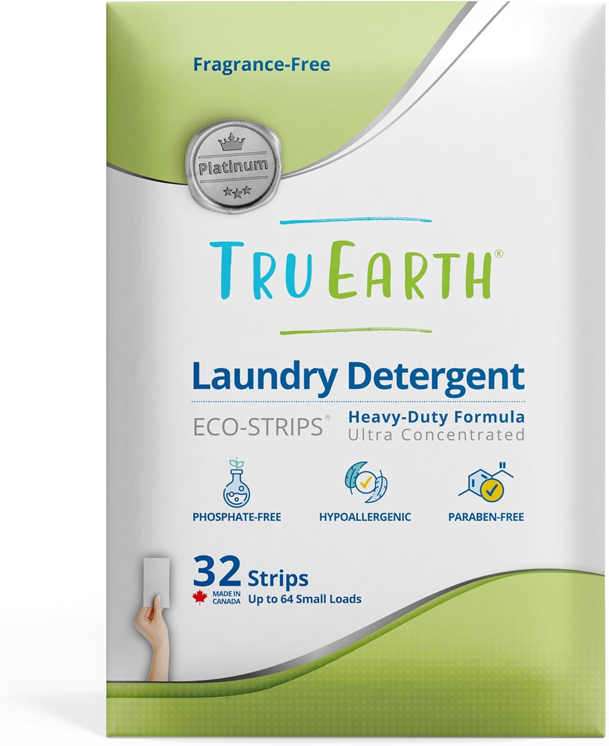 Tru Earth Platinum - Heavy Duty Laundry Detergent Sheets - Up to 64 Loads (32 Count), Fragrance Free - Ultra-Concentrated Strips Formula - Eco-Friendly Laundry Sheets