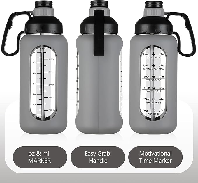MUKOKO 64oz Glass Water Bottles with Straw, Half Gallon Water Bottle with Time Marker, Motivational Water Bottle with Silicone Sleeves,Large Glass Water Bottle for Gym,Working,Outdoor,Grey