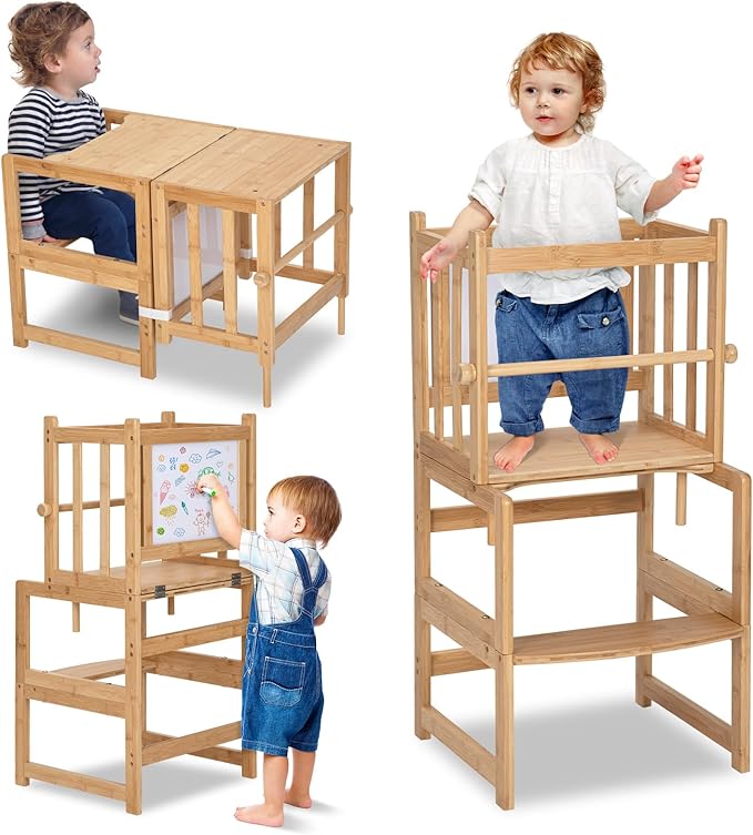 COSYLAND 3-in-1 Multifunctional Toddler Standing Tower, Kids Kitchen Step Stool with Whiteboard, Desk Table and Chair, Enjoys Unique Patented Design,FSC,CPC,SOR,CE Natural