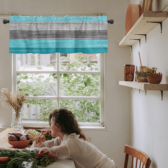 Farmhouse Kitchen Curtains Valances for Windows , Aqua Blue Gray Rod Pocket Country Window Treatment for Kitchen /Living Room/Bedroom/ Bathroom,42" X 12" -1 Panel, Retro Rustic Barn Wood Texture
