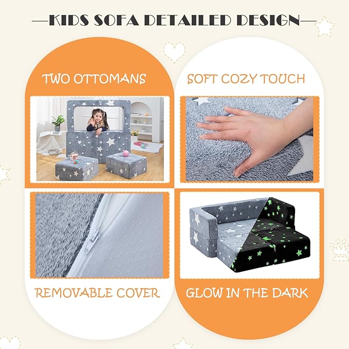 Kids Sofa Couch 3-in-1 Modular Toddler Couch Glowing Grey Baby Couch Foam Armchair for Boys & Girls Children Convertible Sofa to Lounger Plush Fold Out Sofa Play Set with Two Ottomans, Two Seats