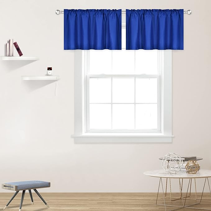 Royal Blue Valance for Windows 42x18 Inch Solid Thermal Insulated Blackout Rod Pocket Kitchen Short Curtain Toppers Valance for Bathroom Living Room 2 Panels